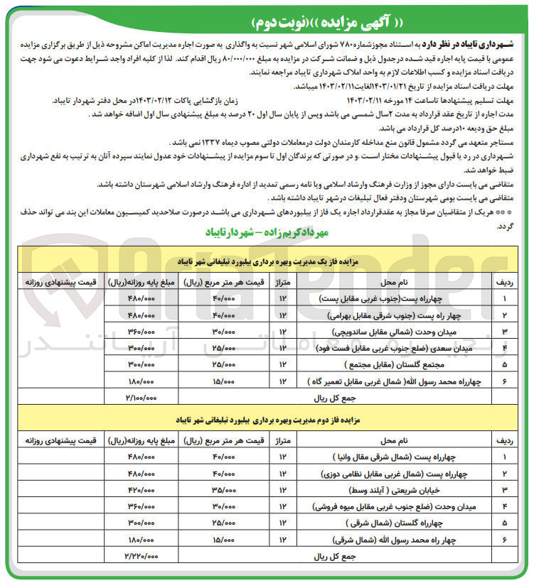تصویر کوچک آگهی واگذاری به صورت اجاره مدیریت اماکن : 
فاز یک مدیریت و بهره برداری بیلبورد تبلیغاتی 