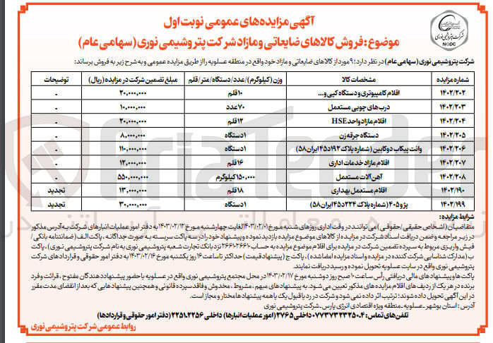 تصویر کوچک آگهی فروش کالاهای ضایعاتی و مازاد شرکت شامل اقلام کامپیوتری و دستگاه کپی - درب های چوبی مستعمل - اقلام واحد HSE - دستگاه جرقه زن - وانت پیکاب دو کابین - اقلام مازاد خدمات اداری - آهن آلات مستعمل - اقلام مستعمل بهداری - پژو 405