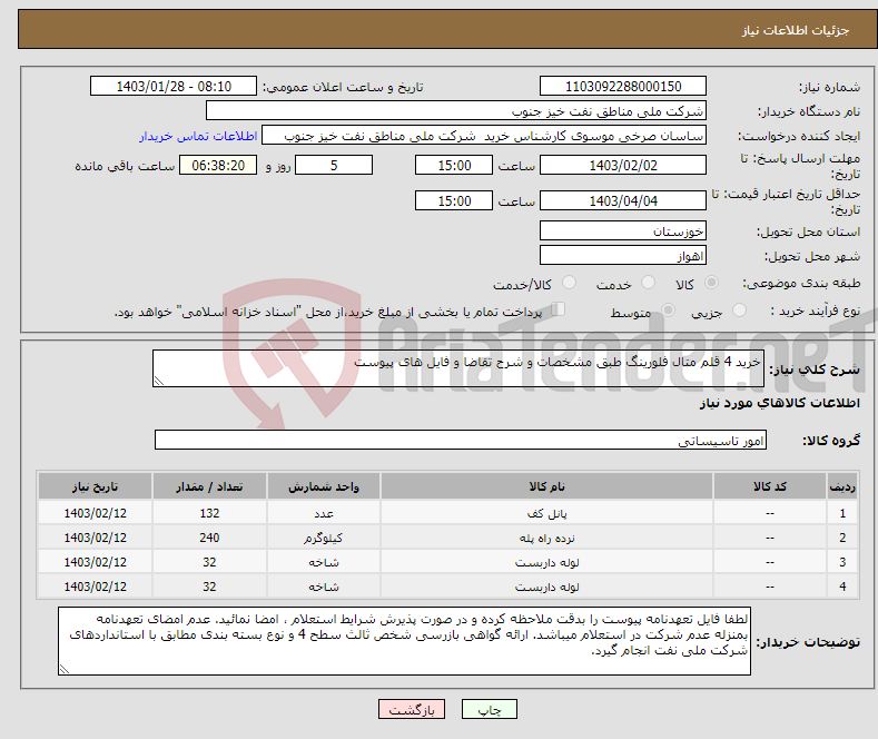 تصویر کوچک آگهی نیاز انتخاب تامین کننده-خرید 4 قلم متال فلورینگ طبق مشخصات و شرح تقاضا و فایل های پیوست