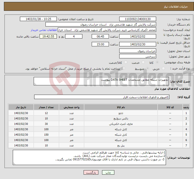 تصویر کوچک آگهی نیاز انتخاب تامین کننده-تجهیزات شبکه مطابق مشخصات DATA SHEET پیوست 