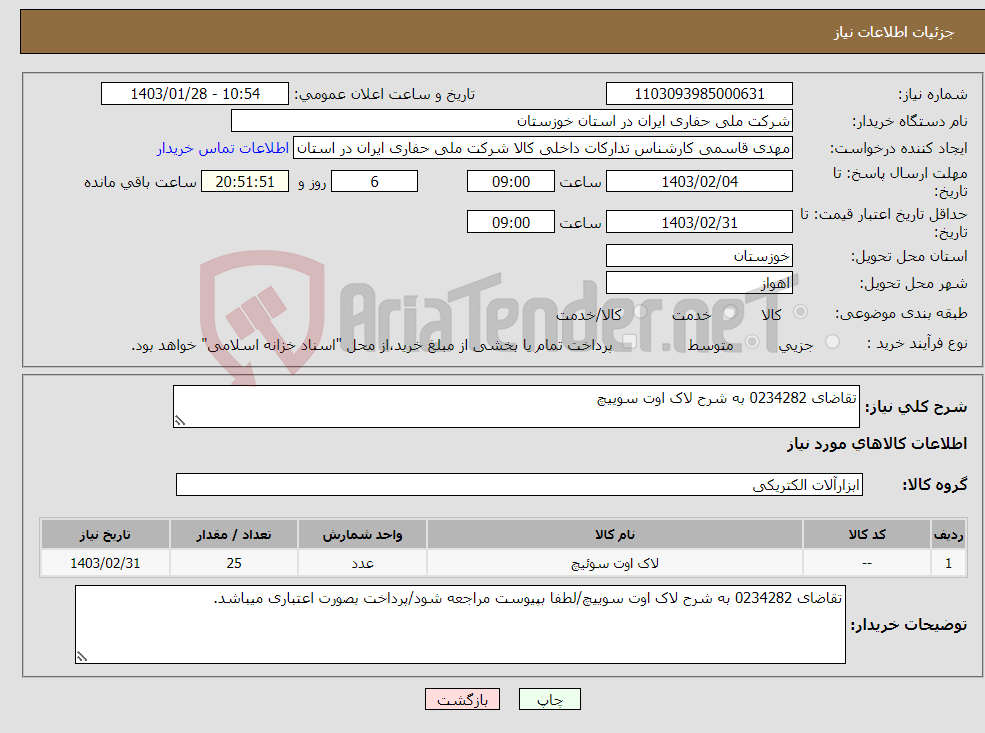 تصویر کوچک آگهی نیاز انتخاب تامین کننده-تقاضای 0234282 به شرح لاک اوت سوییچ