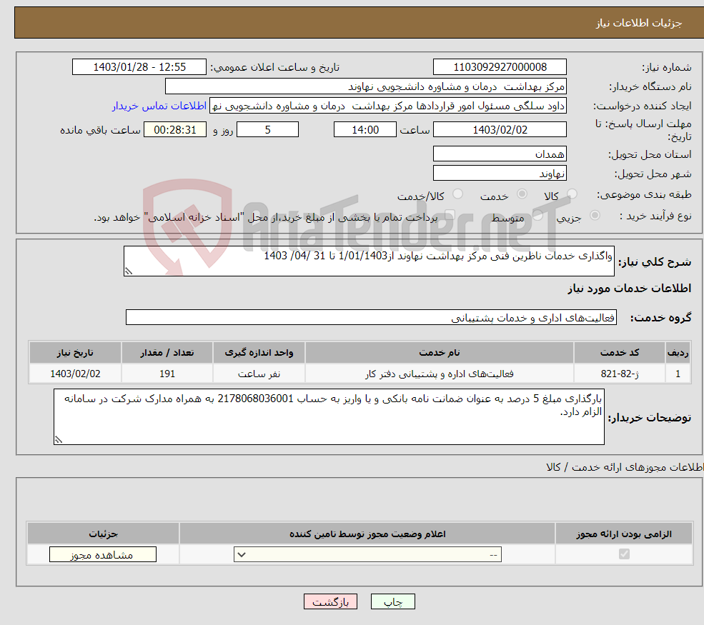 تصویر کوچک آگهی نیاز انتخاب تامین کننده-واگذاری خدمات ناظرین فنی مرکز بهداشت نهاوند از1/01/1403 تا 31 /04/ 1403