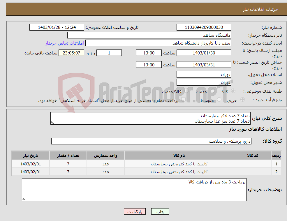 تصویر کوچک آگهی نیاز انتخاب تامین کننده-تعداد 7 عدد لاکر بیمارستان تعداد 7 عدد میز غذا بیمارستان