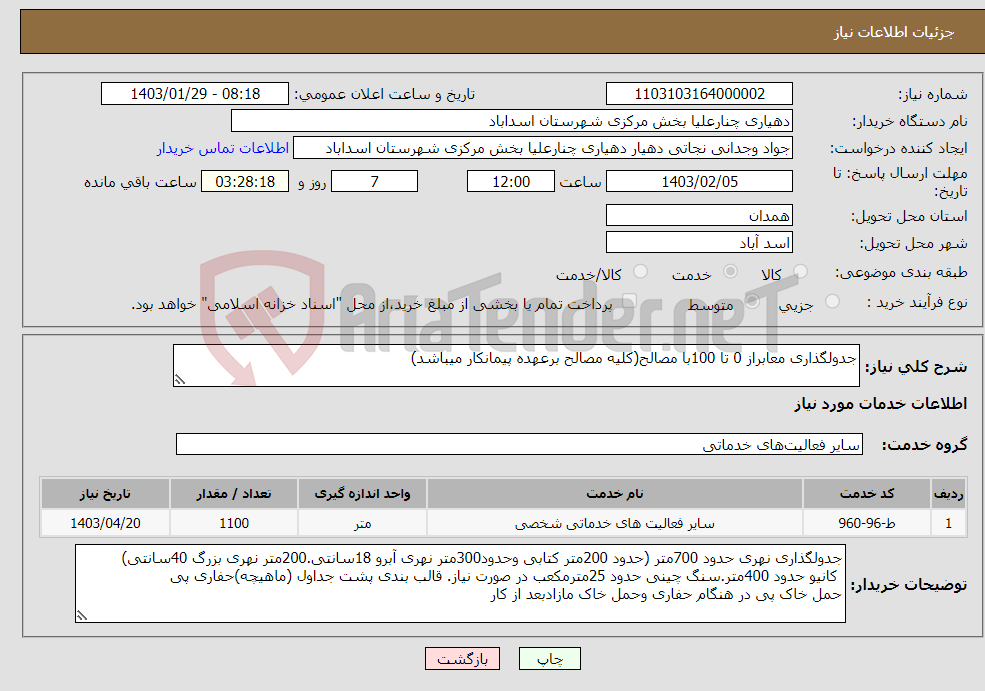 تصویر کوچک آگهی نیاز انتخاب تامین کننده-جدولگذاری معابراز 0 تا 100با مصالح(کلیه مصالح برعهده پیمانکار میباشد)