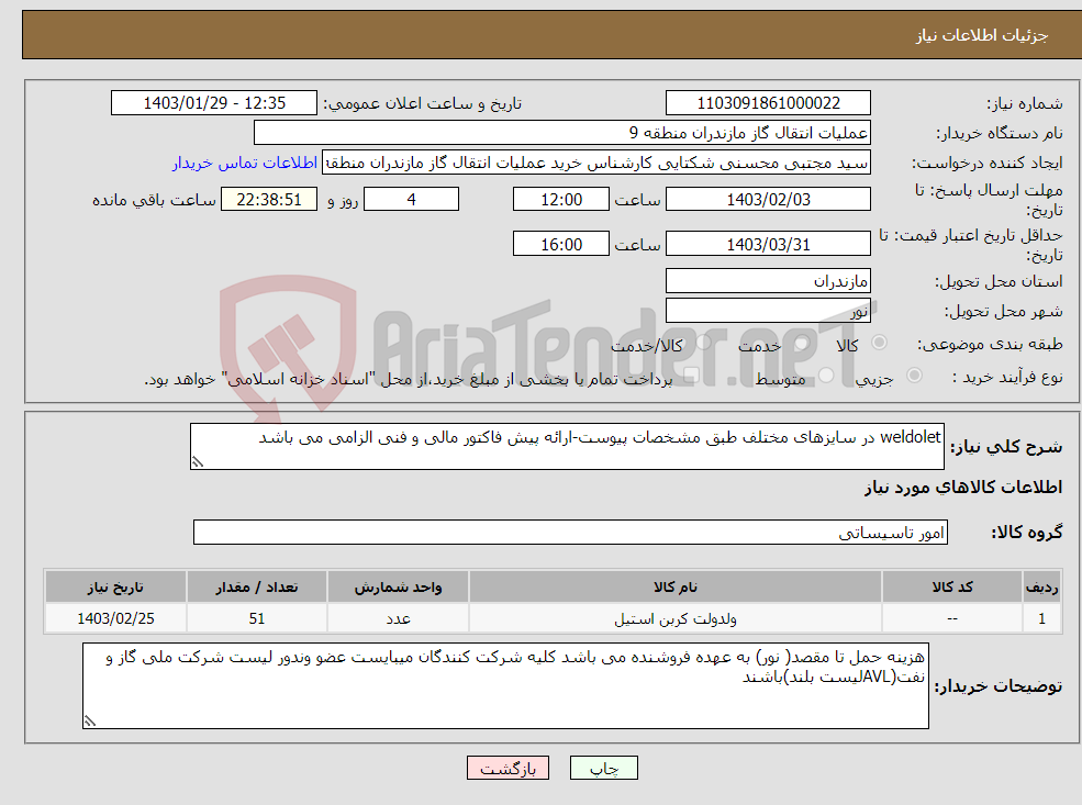 تصویر کوچک آگهی نیاز انتخاب تامین کننده-weldolet در سایزهای مختلف طبق مشخصات پیوست-ارائه پیش فاکتور مالی و فنی الزامی می باشد 