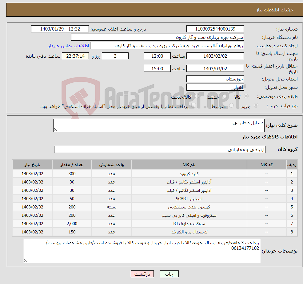 تصویر کوچک آگهی نیاز انتخاب تامین کننده-وسایل مخابراتی