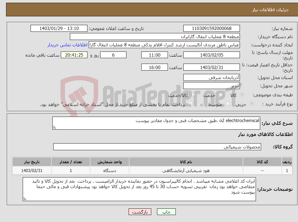 تصویر کوچک آگهی نیاز انتخاب تامین کننده-o2 elechtrochemical .طبق مشخصات فنی و جدول مقادیر پیوست