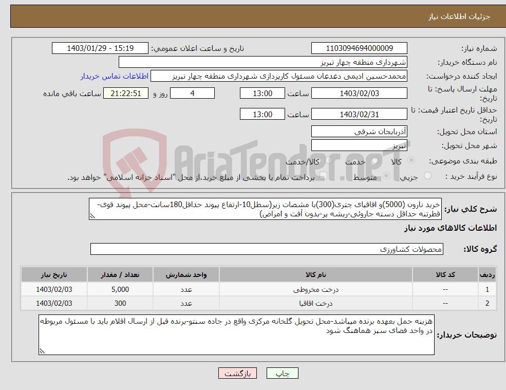 تصویر کوچک آگهی نیاز انتخاب تامین کننده-خرید نارون (5000)و اقاقیای چتری(300)با مشصات زیر(سطل10-ارتفاع پیوند حداقل180سانت-محل پیوند قوی-قطرتنه حداقل دسته جاروئی-ریشه پر-بدون آفت و امراض)
