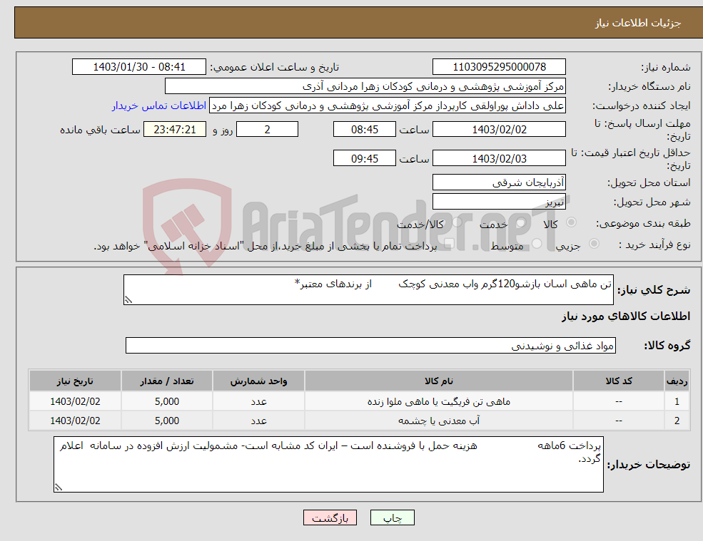 تصویر کوچک آگهی نیاز انتخاب تامین کننده-تن ماهی اسان بازشو120گرم واب معدنی کوچک از برندهای معتبر*