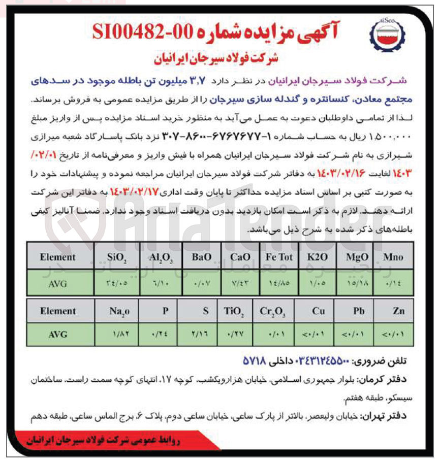 تصویر کوچک آگهی 3،7 میلیون تن باطله موجود در سدهای مجتمع معادن،کنسانتره و گندله سازی 