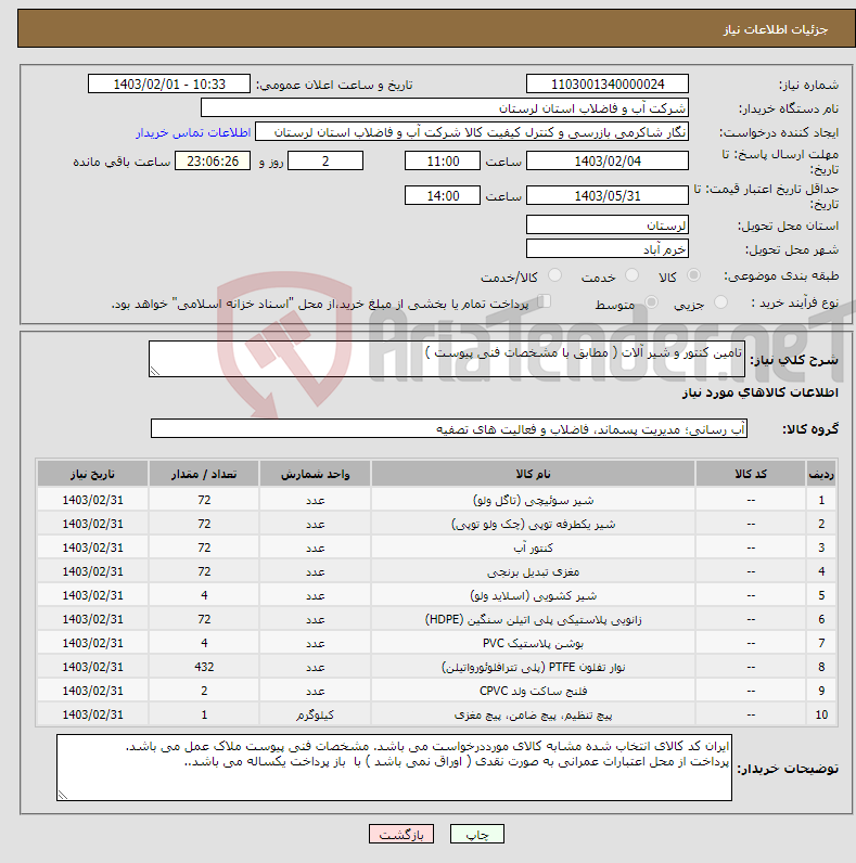تصویر کوچک آگهی نیاز انتخاب تامین کننده-تامین کنتور و شیر آلات ( مطابق با مشخصات فنی پیوست ) 