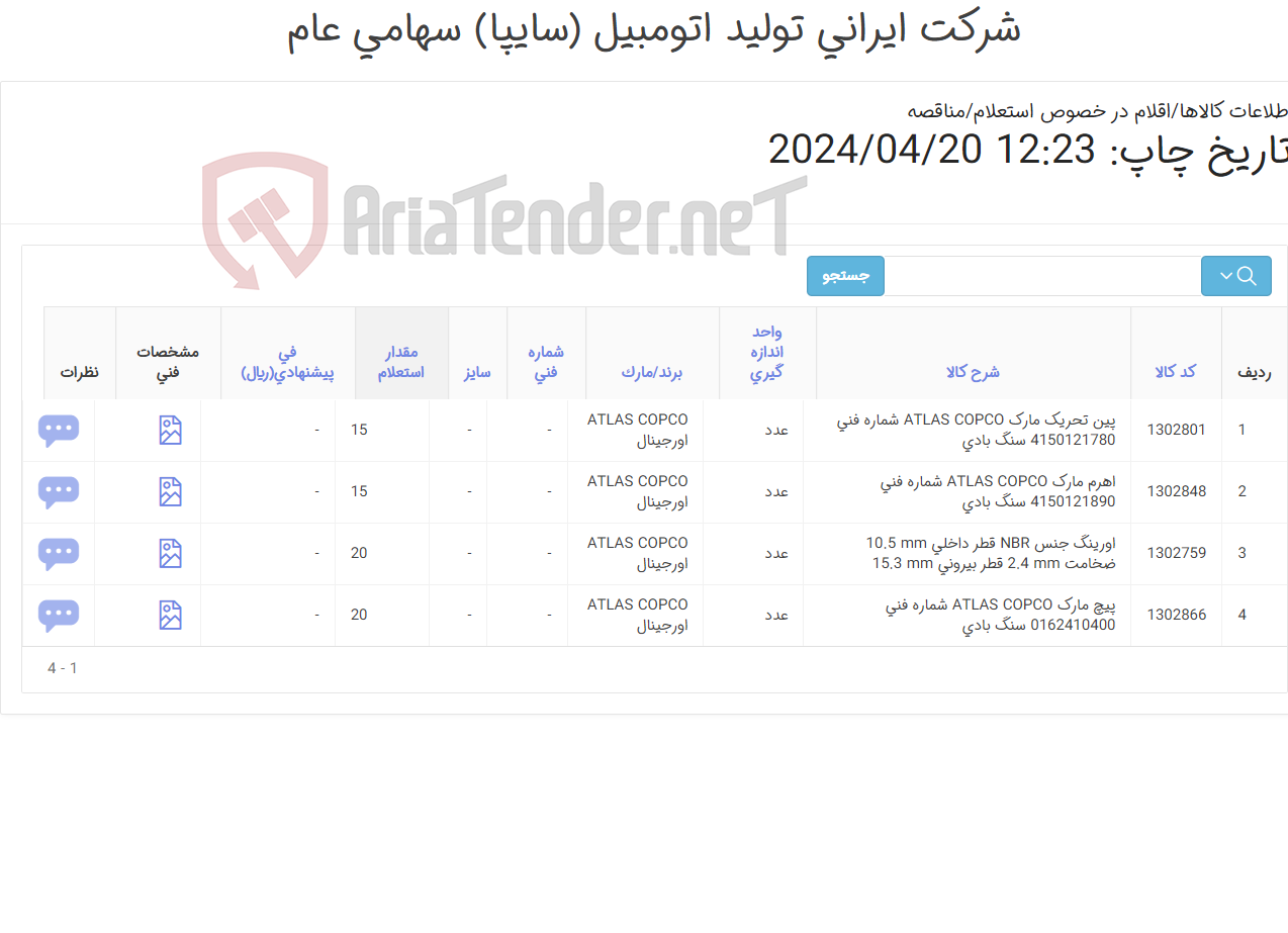 تصویر کوچک آگهی تامین چهار ردیف اورینگ ، پین و ...