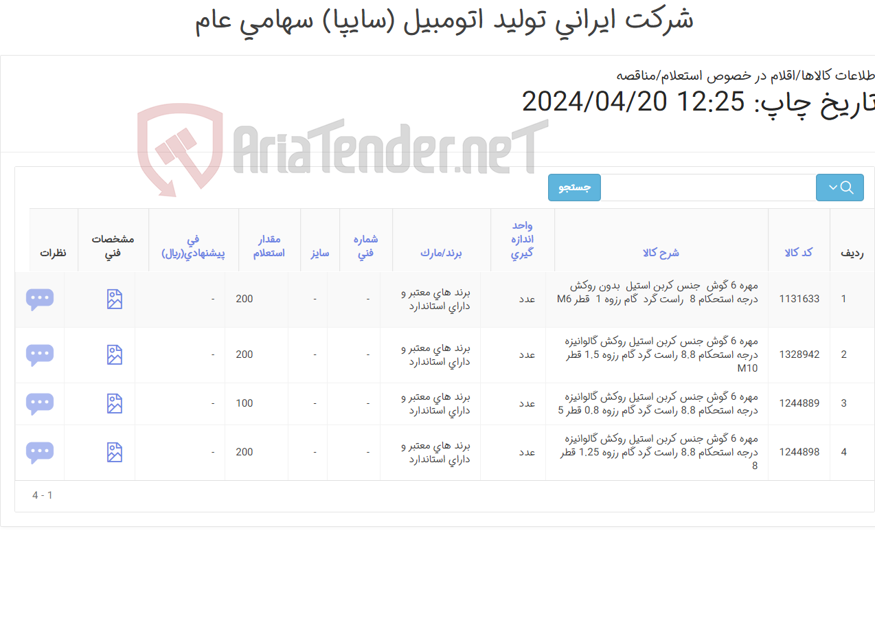 تصویر کوچک آگهی تأمین چهار ردیف مهره های شش گوش