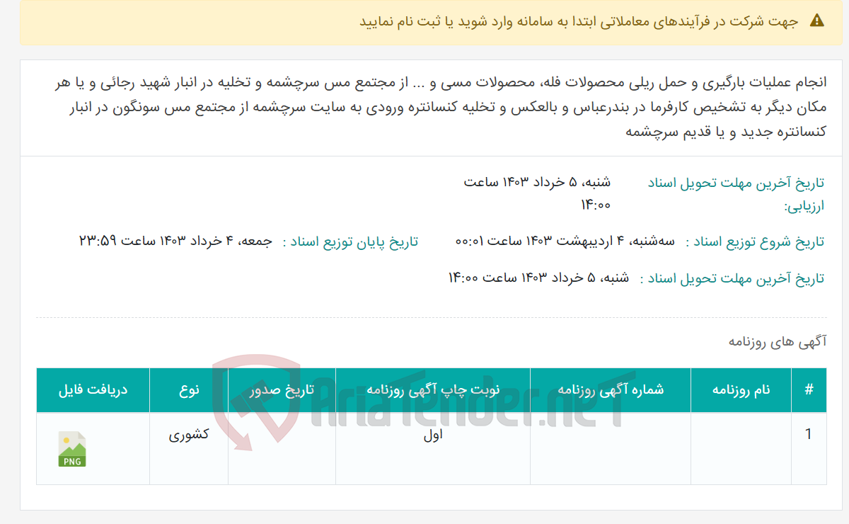 تصویر کوچک آگهی انجام عملیات بارگیری و حمل ریلی محصولات فله، محصولات مسی و ... از مجتمع مس سرچشمه و تخلیه در انبار شهید رجائی و یا هر مکان دیگر به تشخیص کارفرما در بندرعباس و بالعکس و تخلیه کنسانتره ورودی به سایت سرچشمه از مجتمع مس سونگون در انبار کنسانتره جدید و یا قدیم سرچشمه