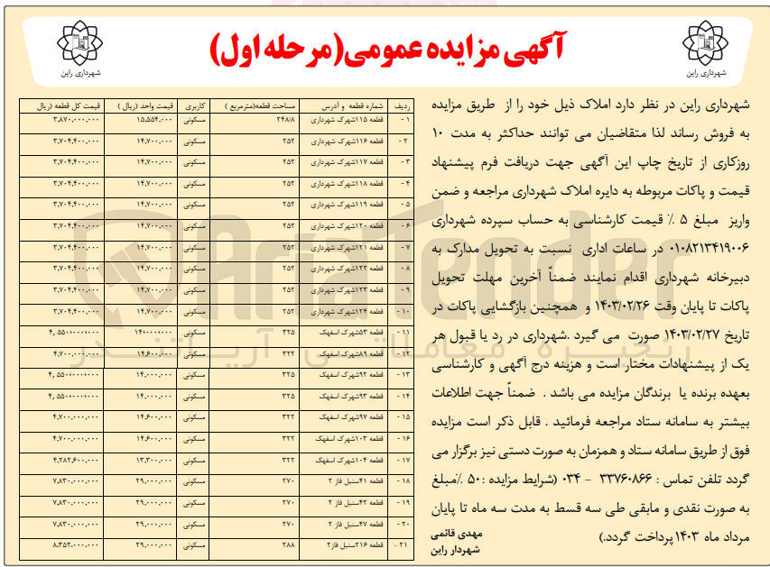 تصویر کوچک آگهی فروش املاک در 21 ردیف با کاربری مسکونی 