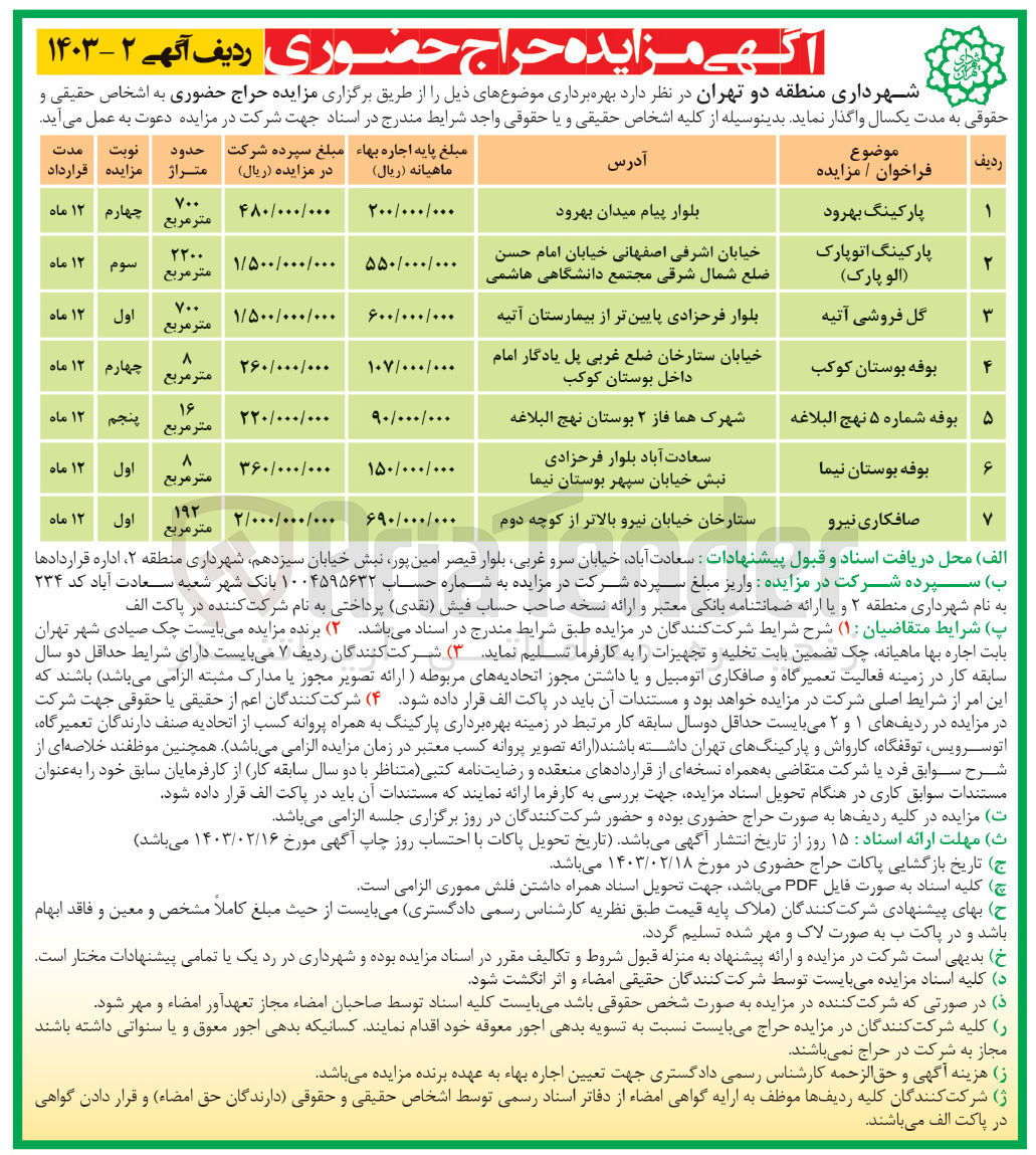 تصویر کوچک آگهی بهره برداری در 7 ردیف پارکینگ -گلفروشی -بوفه-صافکاری به صورت حراج حضوری 