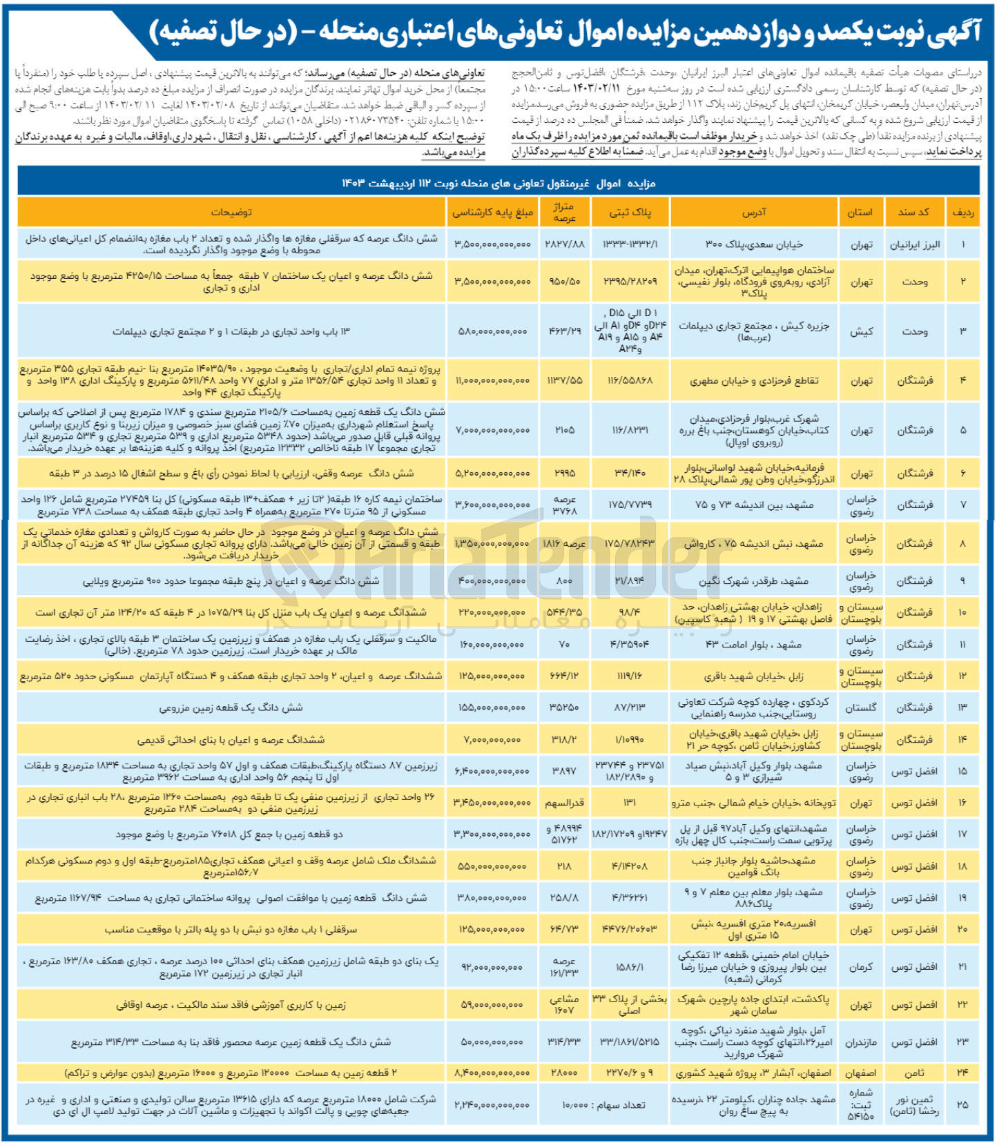 تصویر کوچک آگهی یکصد و دوازدهمین مزایده اموال تعاونی های اعتباری منحله در 25 ردیف