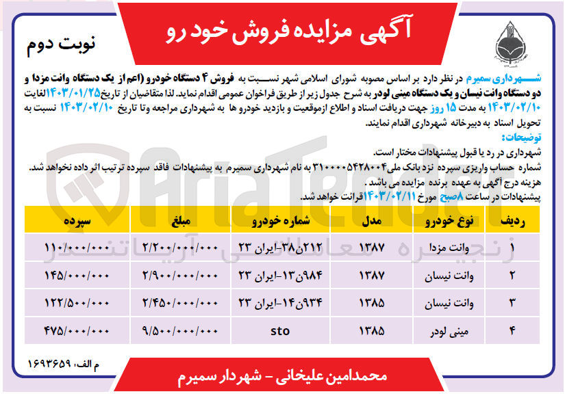 تصویر کوچک آگهی  فروش ۴ دستگاه خودرو اعم از یک دستگاه وانت مزدا و دو دستگاه وانت نیسان و یک دستگاه مینی لودر