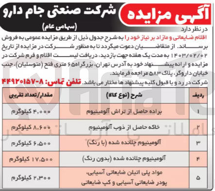 تصویر کوچک آگهی فروش اقلام ضایعاتی و مازاد بر نیاز خود در 5 ردیف شامل براده حاصل از تراش آلومینیوم - خاکه حاصل از ذوب آلومینیوم - آلومینیوم چلانده شده (با رنگ) - آلومینیوم چلانده شده (بدون رنگ) - مواد پلی اتیلن ضایعاتی آسیابی، پودر ضایعاتی آسیابی و کپ ضایعاتی