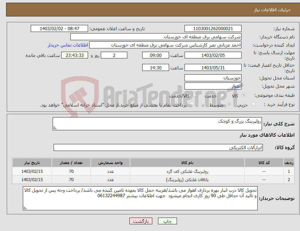 تصویر کوچک آگهی نیاز انتخاب تامین کننده-رولبرینگ بزرگ و کوچک
