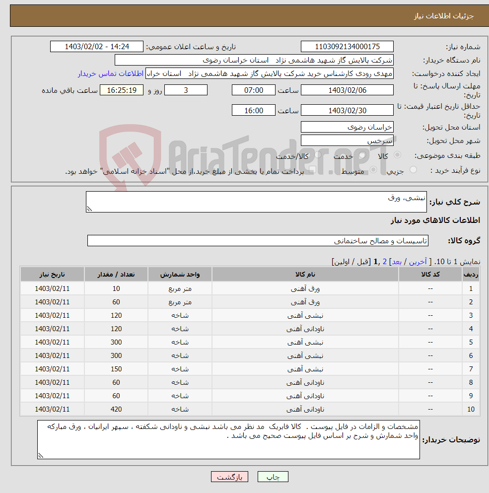 تصویر کوچک آگهی نیاز انتخاب تامین کننده-نبشی، ورق 