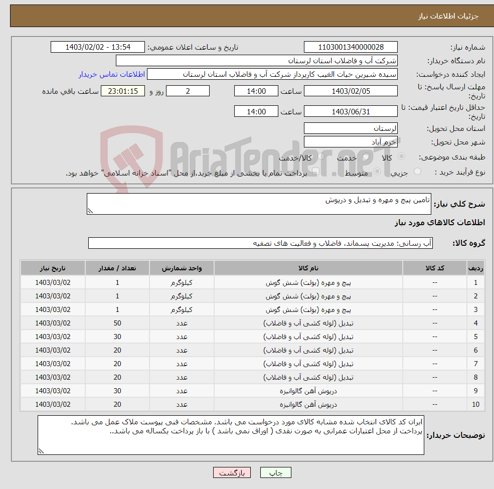 تصویر کوچک آگهی نیاز انتخاب تامین کننده-تامین پیچ و مهره و تبدیل و درپوش