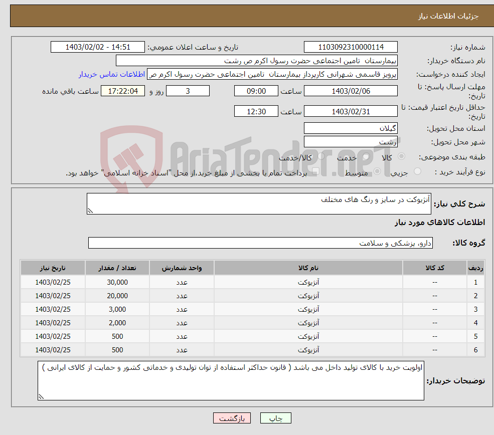 تصویر کوچک آگهی نیاز انتخاب تامین کننده-آنژیوکت در سایز و رنگ های مختلف