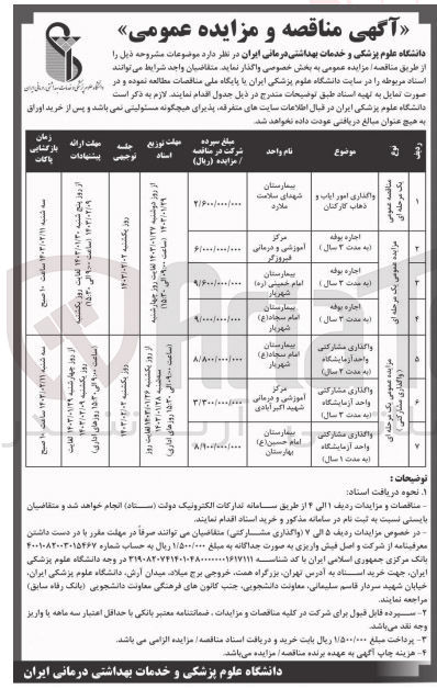 تصویر کوچک آگهی واگذاری مشارکتی واحد آزمایشگاه مرکز درمانی شهید اکبرآبادی 
