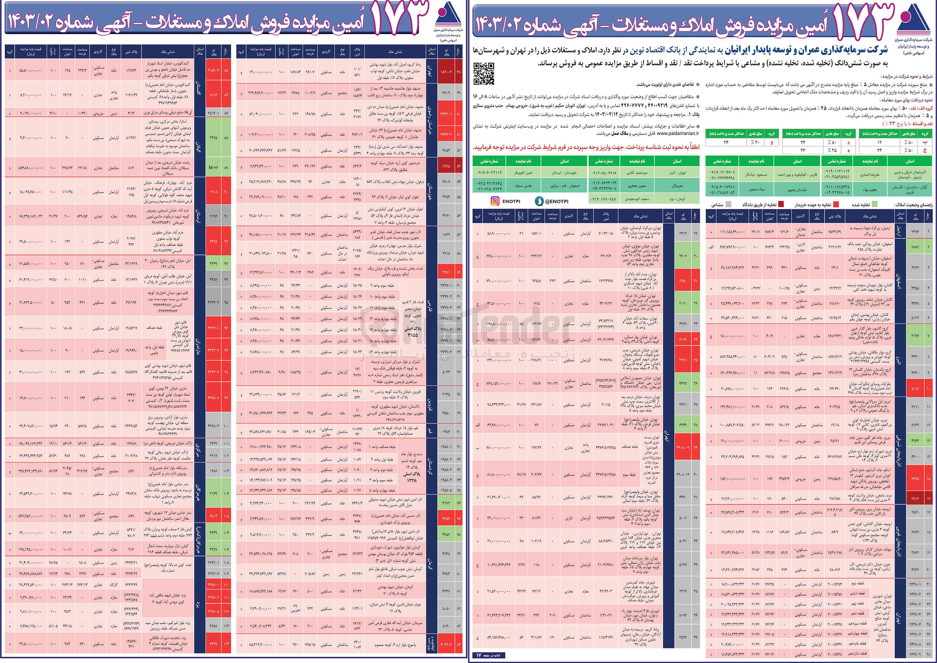 تصویر کوچک آگهی فروش ششدانگ املاک و مستغلات  (تخلیه شده و تخلیه نشده) در 114ردیف  باکاربری تجاری خدماتی-اداری تجاری-مسکونی-مسکونی تجاری-تجاری -مزروعی در شهرهای :
اردبیل-اصفهان -کاشان -کرج تبریز-اسکو-مرند-ارومیه -مهاباد-خوی-تهران-شهریار -رباطکریم -مشهد -خرمشهر-دزفول-اهواز-لار-شیراز-فسا-قزوین-تاکستان -قم-کرمان-گنبد کاووس -آستارا-رشت-خرم آباد-آمل-قائم شهر-ساری-اراک -بندرلنگه- تفت-یزد