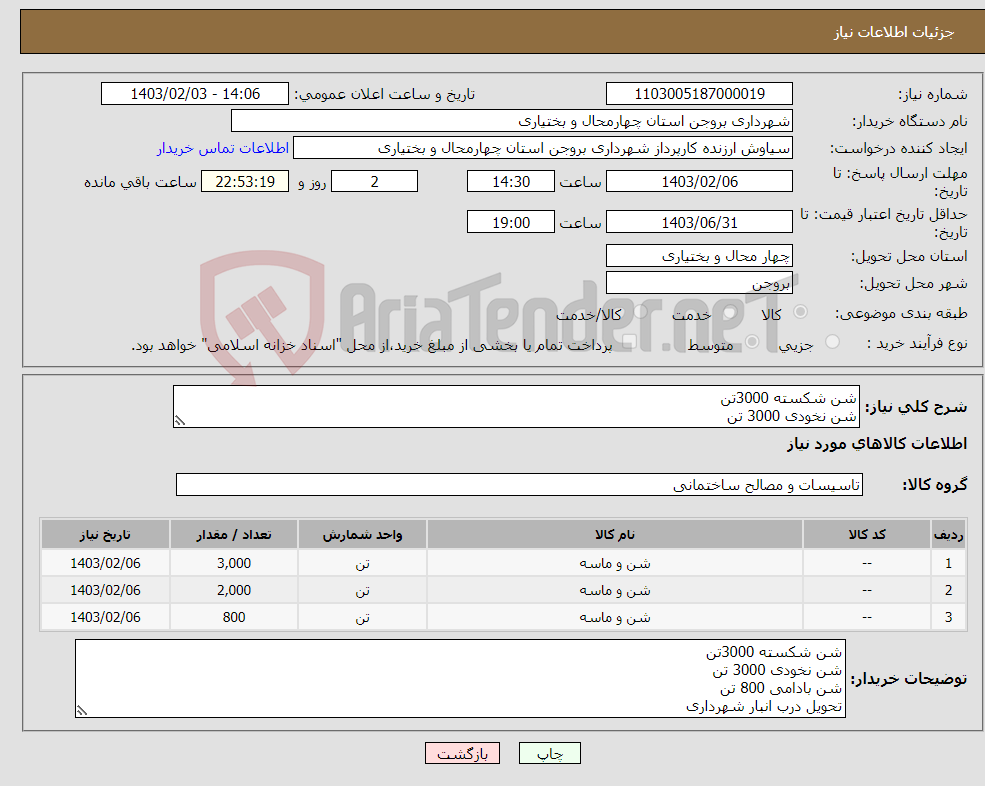 تصویر کوچک آگهی نیاز انتخاب تامین کننده-شن شکسته 3000تن شن نخودی 3000 تن شن بادامی 800 تن