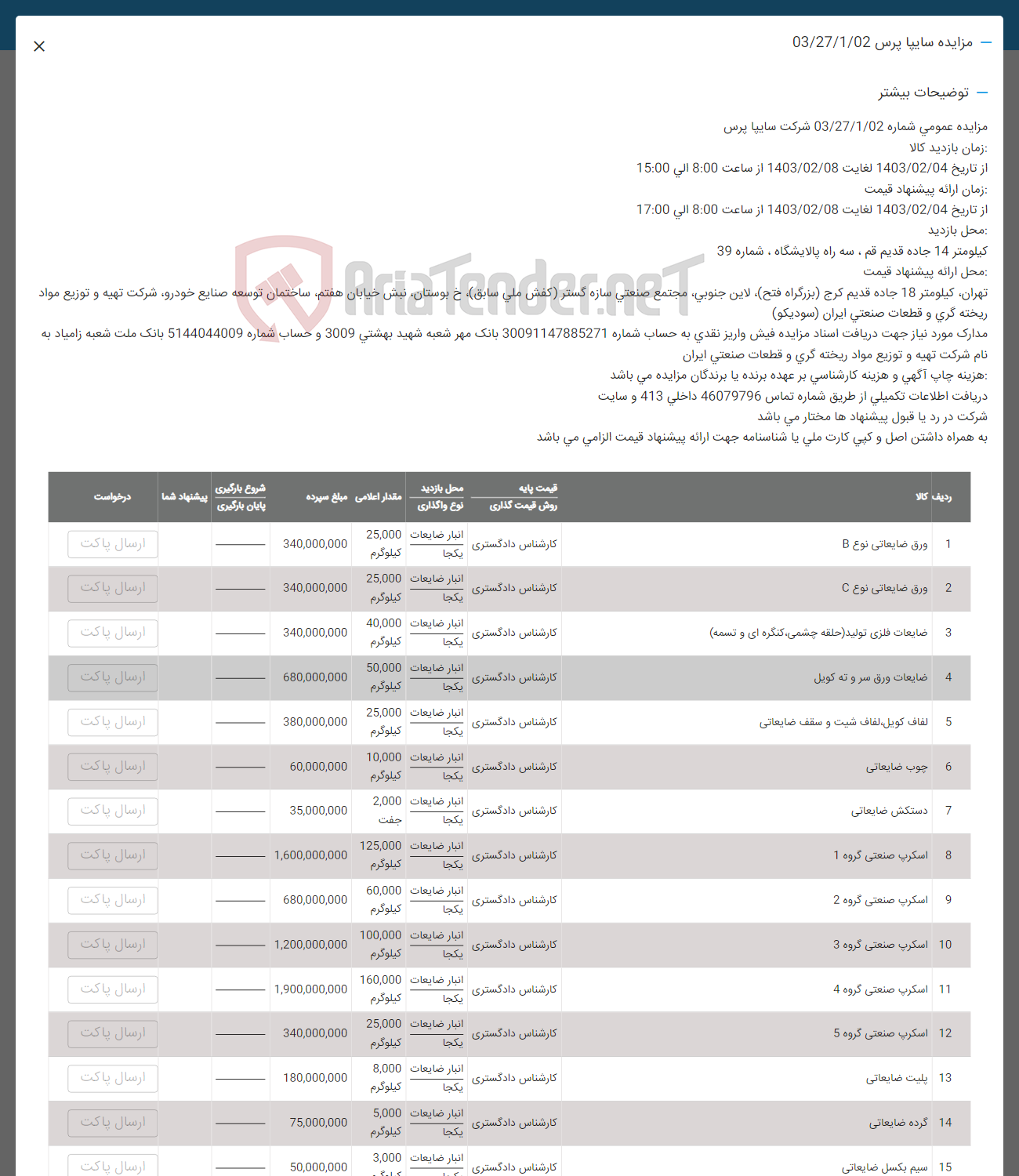 تصویر کوچک آگهی فروش اقلام در 15 ردیف: ورق ضایعاتی-چوب ضایعاتی -دستکش ضایعاتی-اسکرپ صنعتی گروه 1 و.....