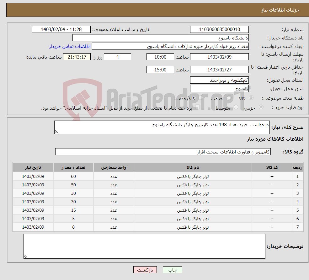 تصویر کوچک آگهی نیاز انتخاب تامین کننده-درخواست خرید تعداد 198 عدد کارتریج چاپگر دانشگاه یاسوج
