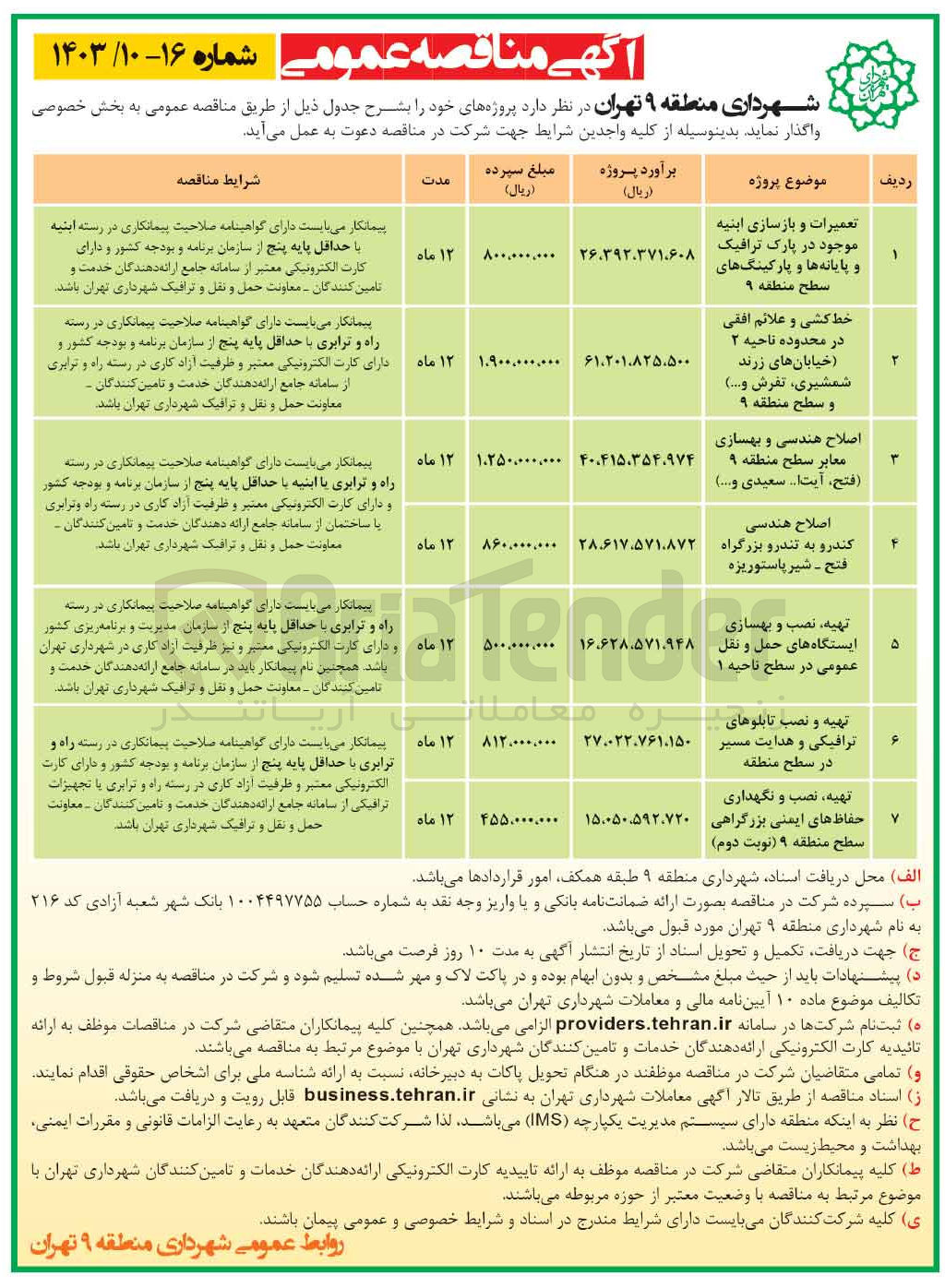 تصویر کوچک آگهی خط کشی و علائم افقی
در محدوده ناحیه ۲ خیابان های زرند
شمشیری، تفرش و...) و سطح منطقه 9
