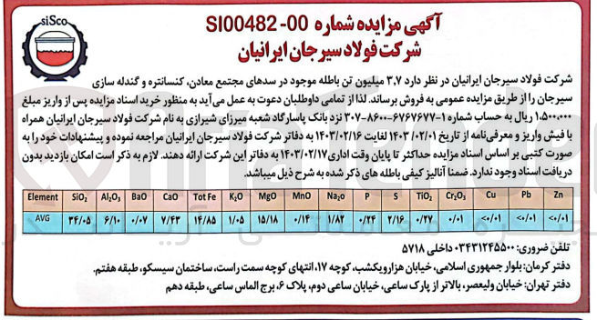 تصویر کوچک آگهی فروش  ۳.۷ میلیون تن باطله موجود در سدهای مجتمع معادن، کنسانتره و گندله سازی 
