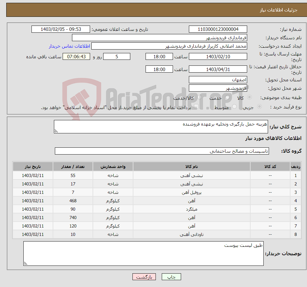 تصویر کوچک آگهی نیاز انتخاب تامین کننده-هزینه حمل بارگیری وتخلیه برعهده فروشنده 