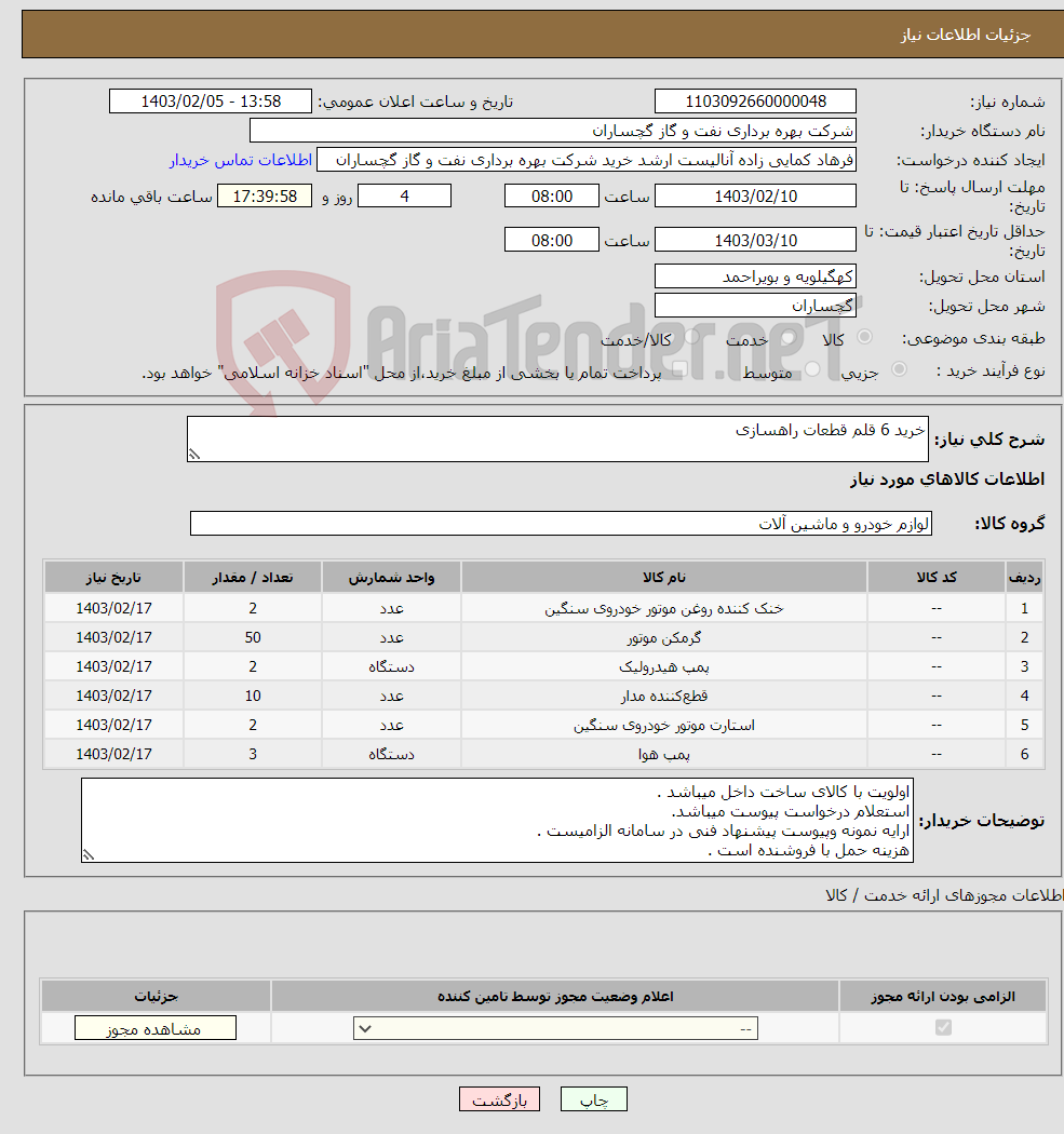 تصویر کوچک آگهی نیاز انتخاب تامین کننده-خرید 6 قلم قطعات راهسازی