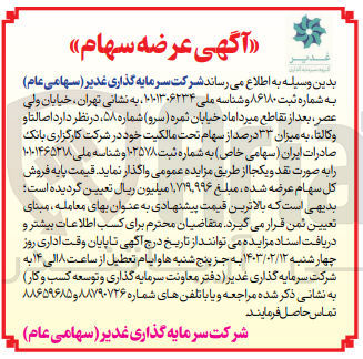 تصویر کوچک آگهی واگذاری میزان 33 درصد از سهام در شرکت کارگزاری بانک صادرات ایران