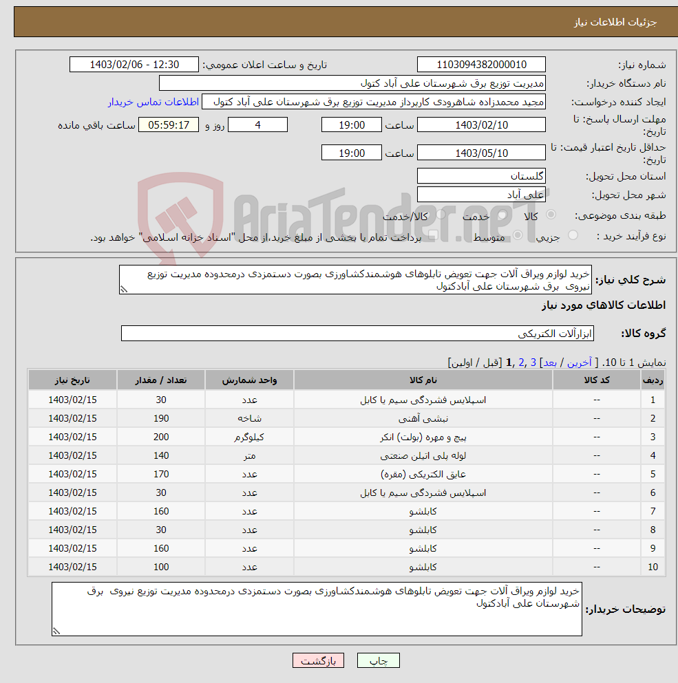 تصویر کوچک آگهی نیاز انتخاب تامین کننده-خرید لوازم ویراق آلات جهت تعویض تابلوهای هوشمندکشاورزی بصورت دستمزدی درمحدوده مدیریت توزیع نیروی برق شهرستان علی آبادکتول
