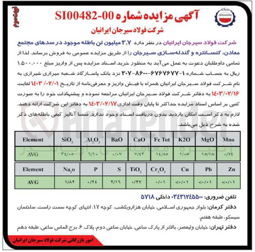 تصویر کوچک آگهی فروش 3.7 میلیون تن باطله موحود در سدهای مجتمع معادن کنسانتره و گندله سازی 