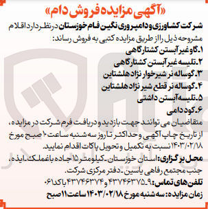 تصویر کوچک آگهی فروش اقلام در 6 ردیف شامل :
گاو غیر آبستن کشتارگاهی
تلیسه غیر آبستن کشتارگاهی 
گوساله نر شیرخوار نژاد هلشتاین
گوساله نر قطع شیر نژاد هلشتاین 
تلیسه آبستن داشتی
کوددامی