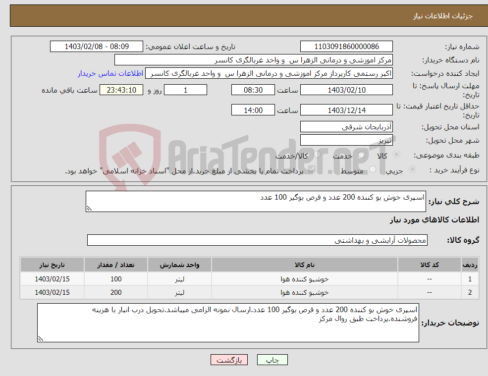 تصویر کوچک آگهی نیاز انتخاب تامین کننده-اسپری خوش بو کننده 200 عدد و قرص بوگیر 100 عدد