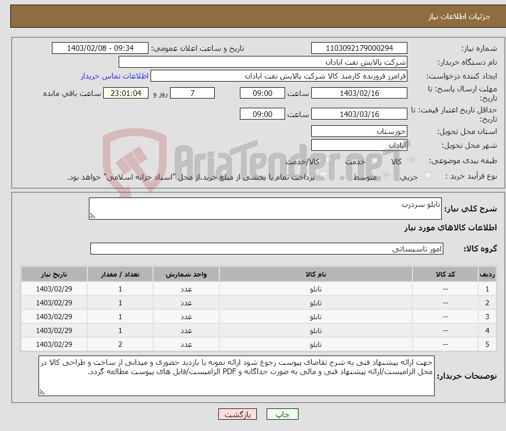 تصویر کوچک آگهی نیاز انتخاب تامین کننده-تابلو سردرب