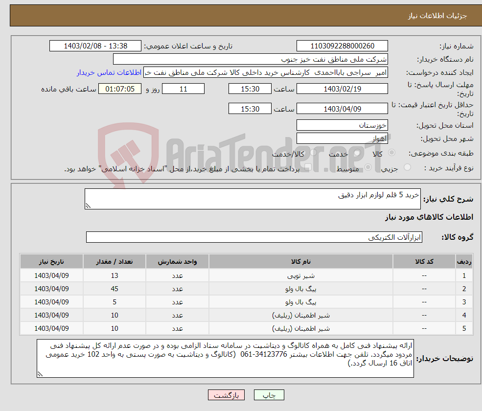 تصویر کوچک آگهی نیاز انتخاب تامین کننده-خرید 5 قلم لوازم ابزار دقیق 