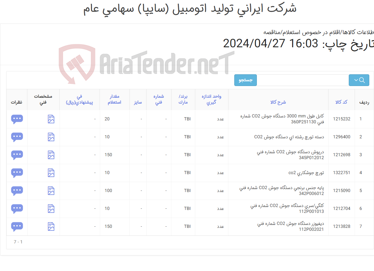 تصویر کوچک آگهی تامین هفت ردیف درپوش , دیفیوزر و .. دستگاه جوش