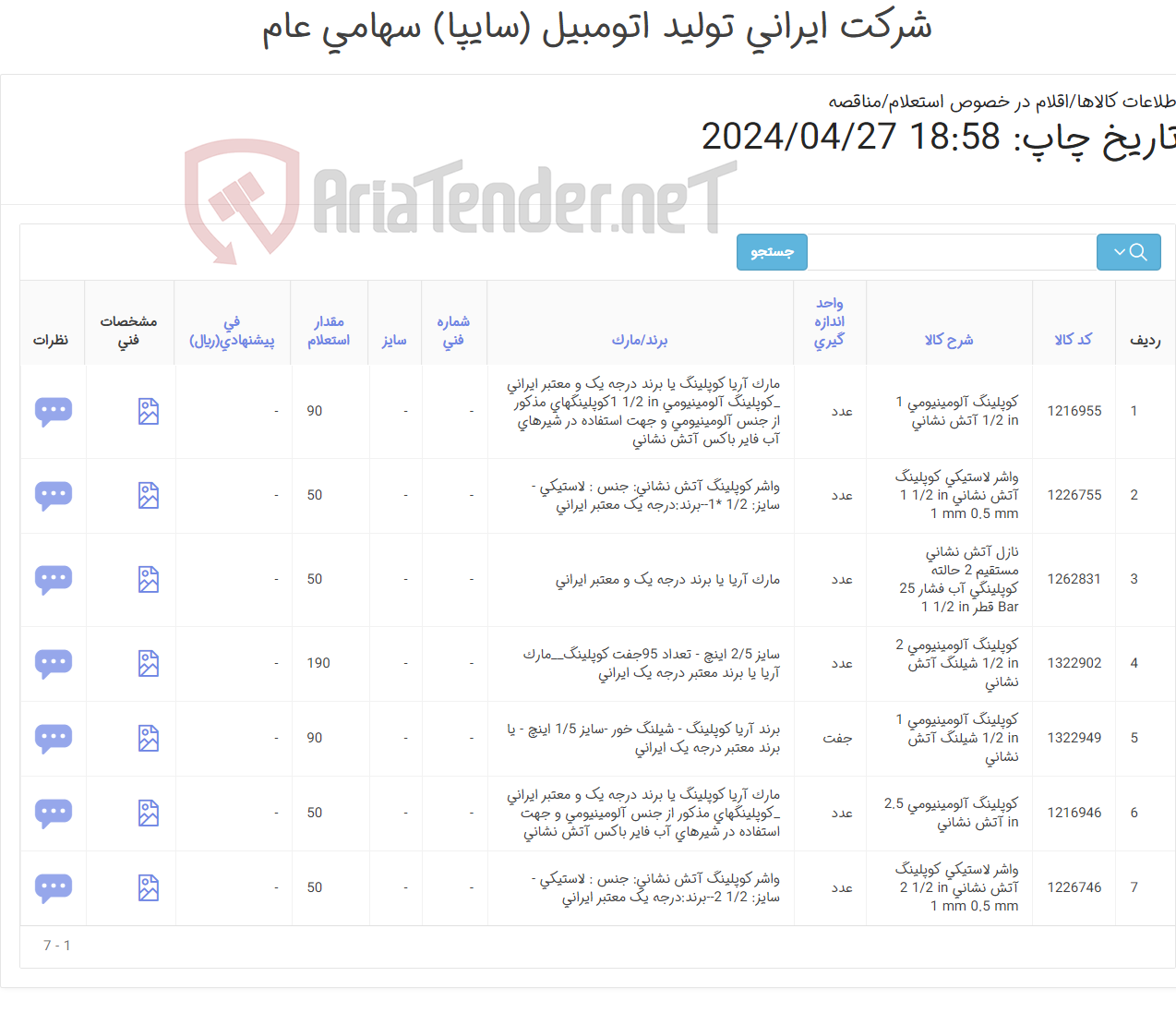 تصویر کوچک آگهی 7 ردیف اقلام آتش نشانی(کوپلینگ،نازلو واشر لاستیکی)