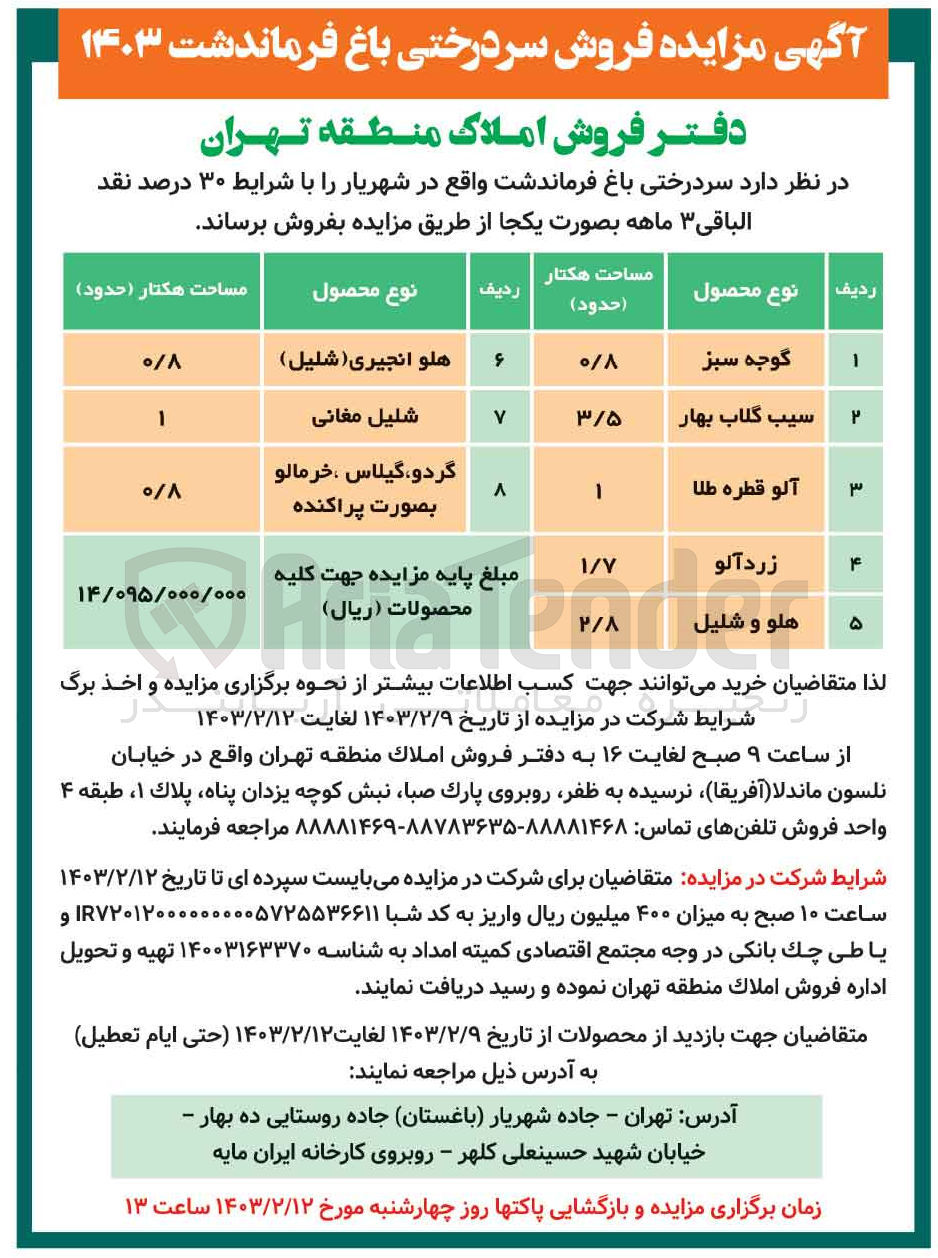 تصویر کوچک آگهی فروش سردرختی باغ در 8 ردیف شامل : گوجه سبز - سیب گلاب بهار - آلو قطره طلا - زرد آلو - هلو و شلیل - هلو انجیری (شلیل) - شلیل مغانی - گردو، گیلاس، خرمالو بصورت پراکنده