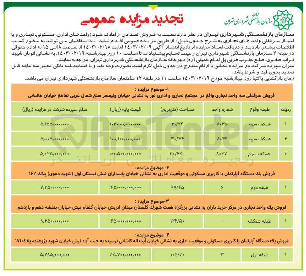 تصویر کوچک آگهی فروش تعدادی از املاک خود (واحدهای اداری، مسکونی، تجاری و یا امتیاز سرقفلی واحدهای تجاری