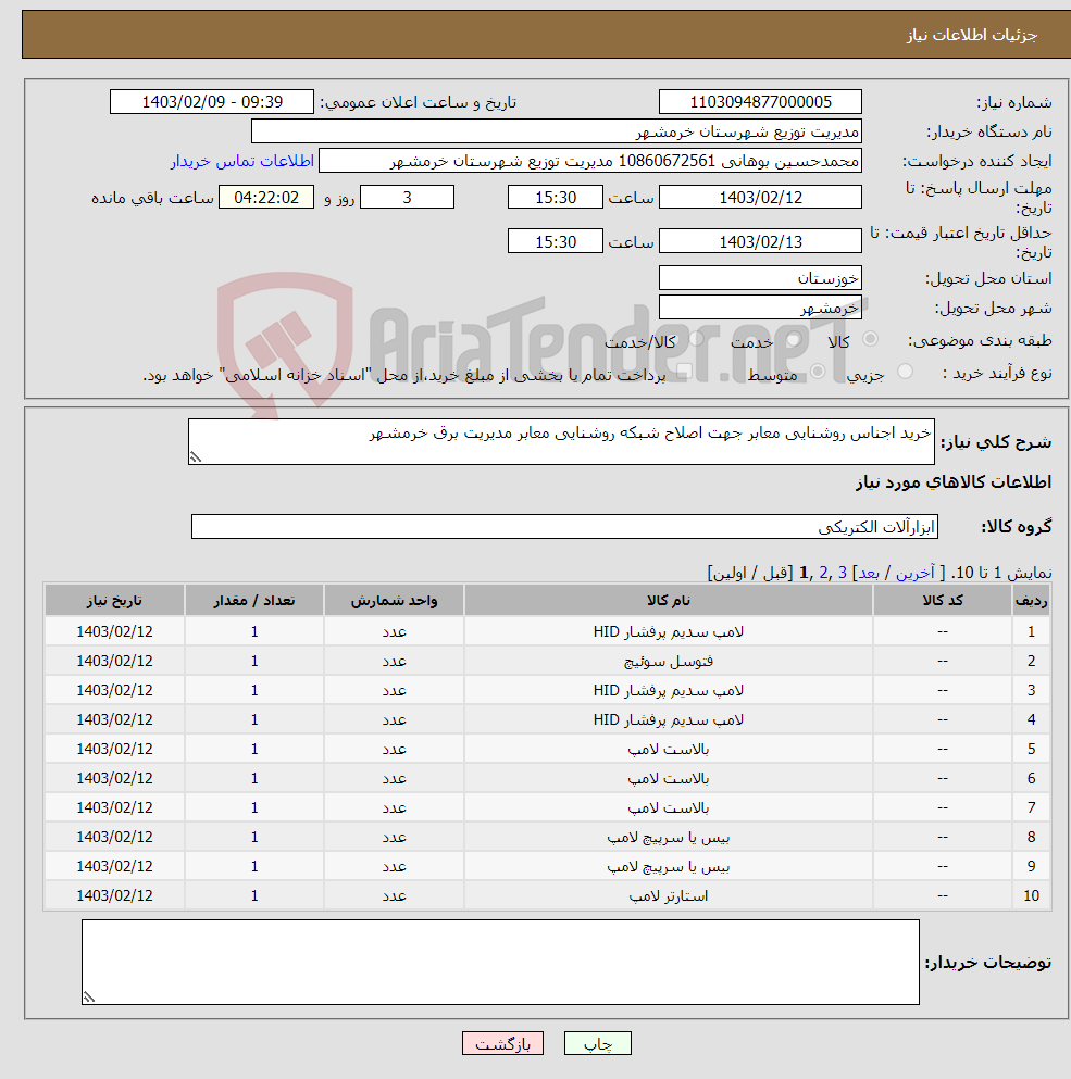 تصویر کوچک آگهی نیاز انتخاب تامین کننده-خرید اجناس روشنایی معابر جهت اصلاح شبکه روشنایی معابر مدیریت برق خرمشهر