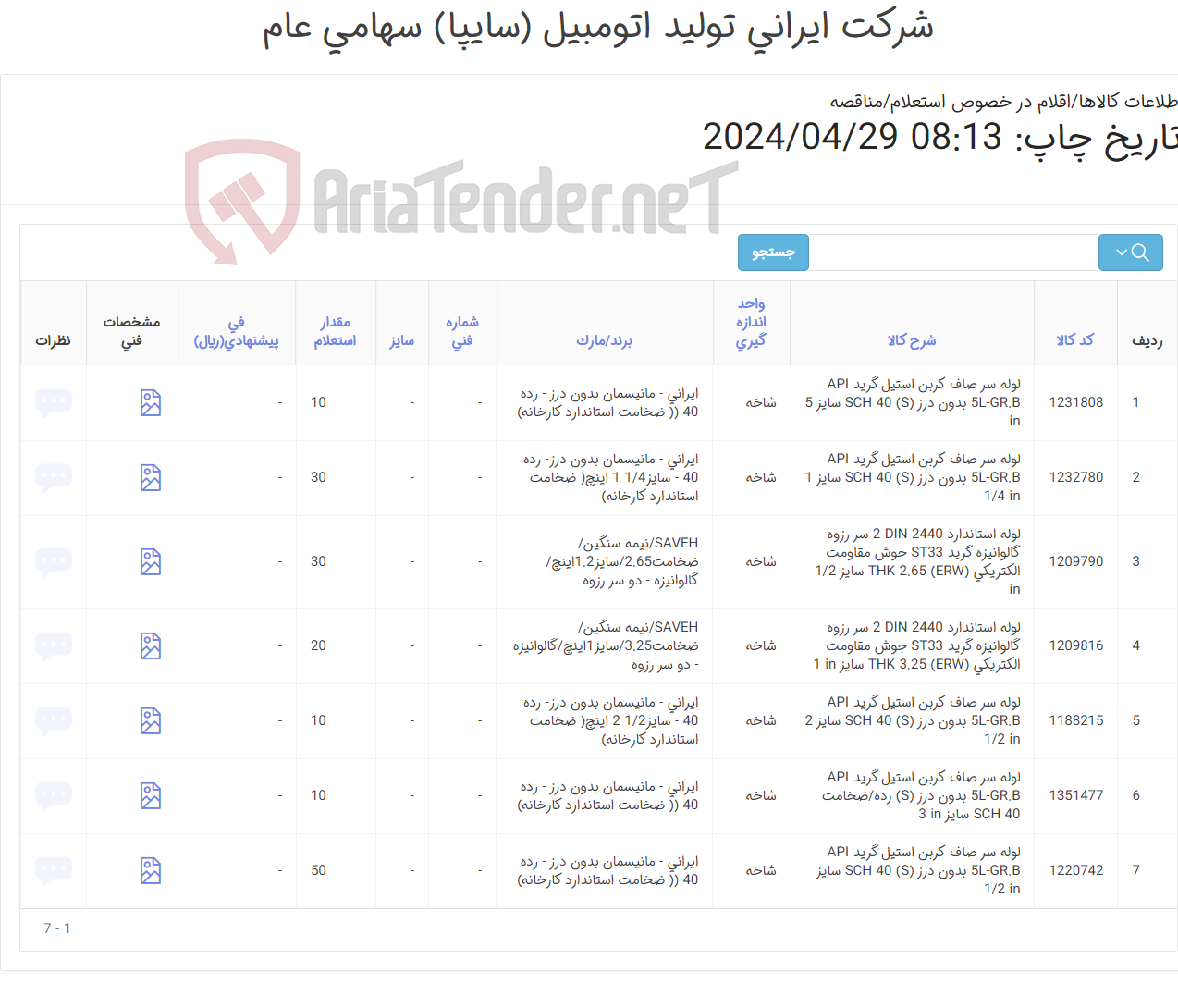 تصویر کوچک آگهی 7 ردیف لوله کربن استیل و گالوانیزه