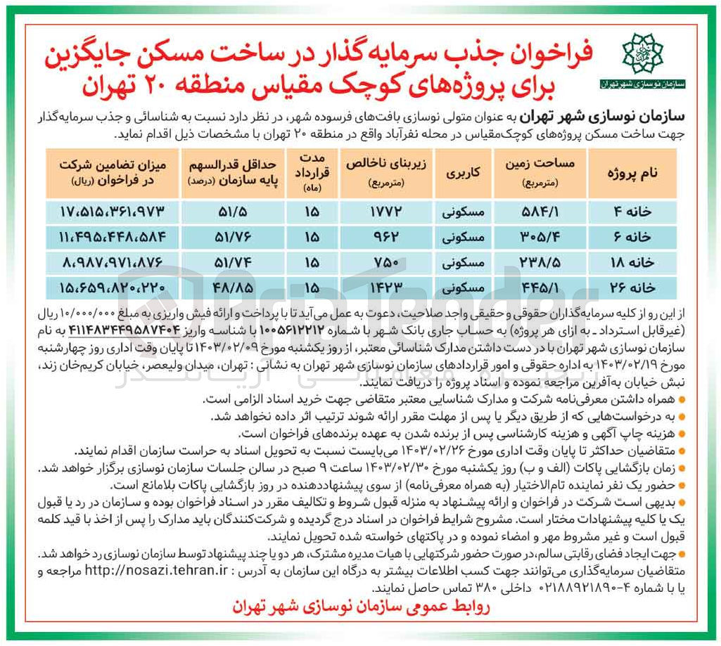 تصویر کوچک آگهی جذب سرمایه گذار جهت ساخت مسکن پروژه های کوچک مقیاس با کاربری مسکونی